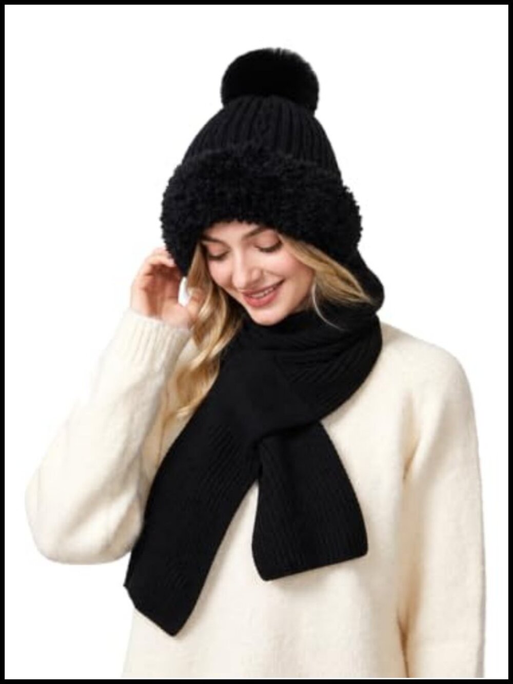 Cable Knit Hooded Beanie Scarf One-Piece Winter Hat Plush Lined Pom Pom